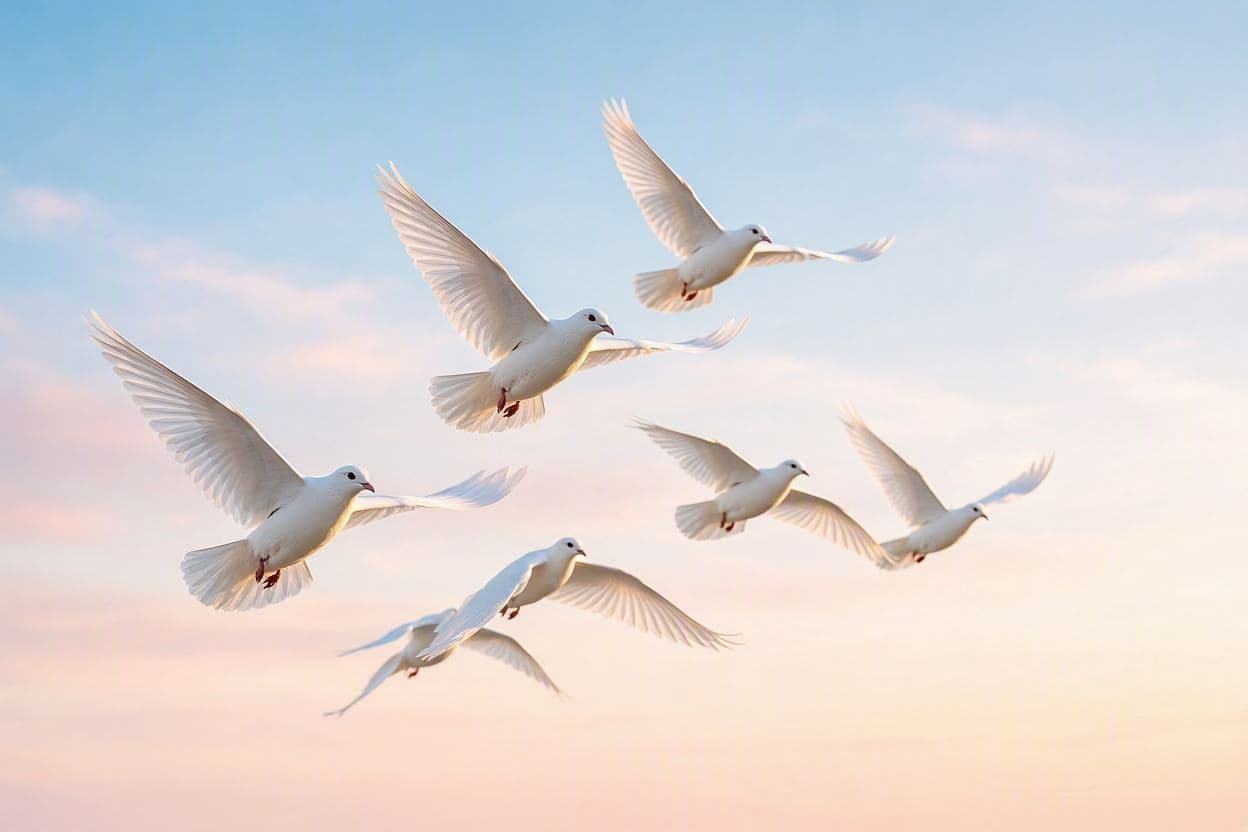 White doves in flight against a soft dawn sky