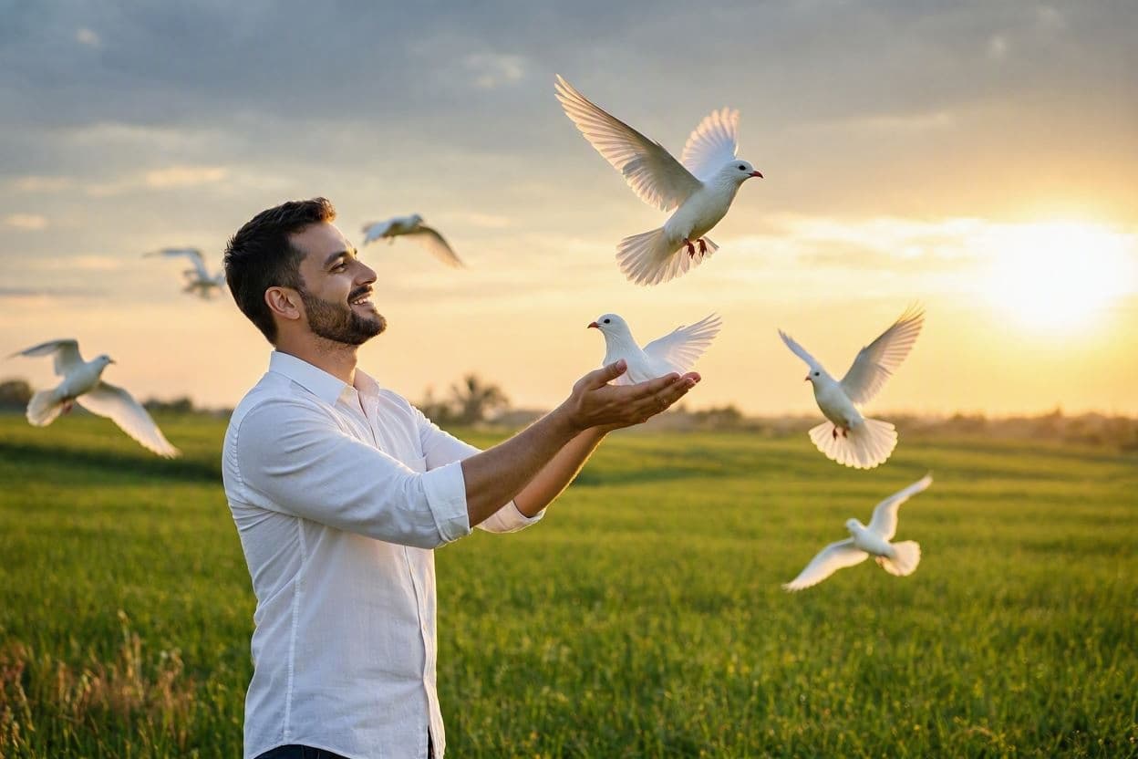A dove keeper releasing a white dove into the sky at golden hour