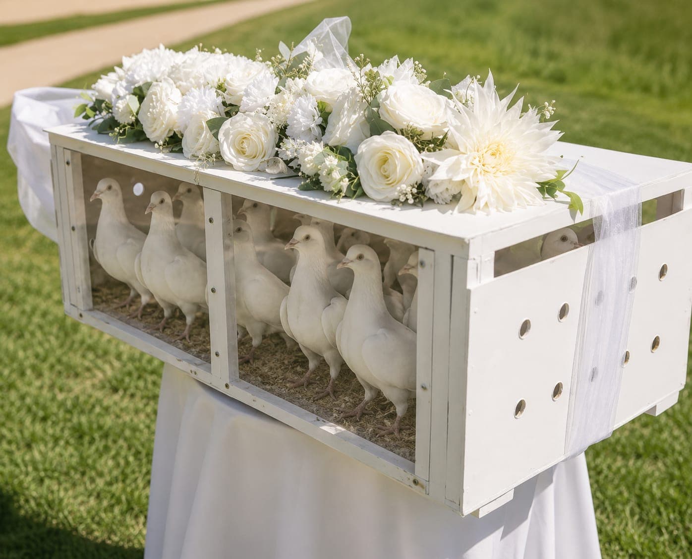 A white release box of doves topped with white roses and dahlias on a draped table
