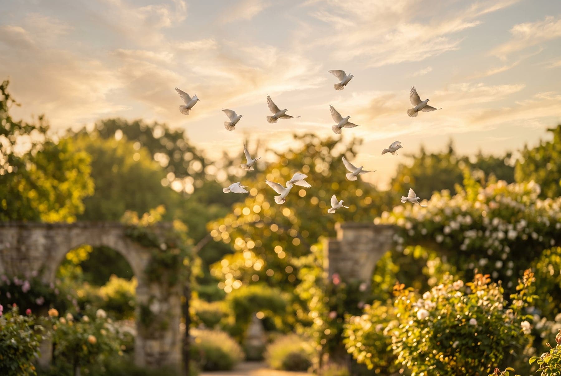 White doves taking flight above a sunlit summer garden