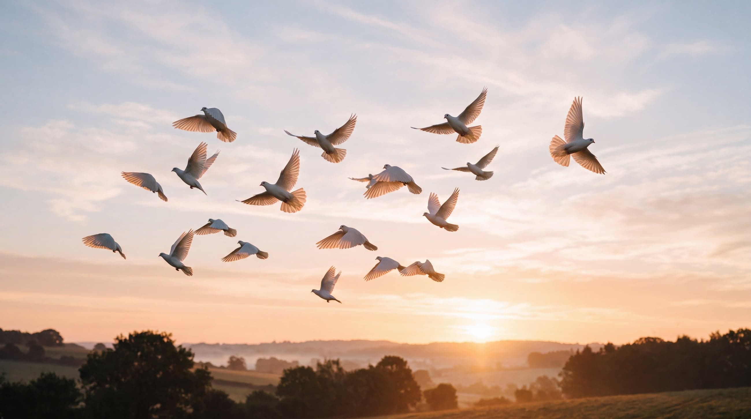 White doves in flight against a warm golden sunrise over open countryside