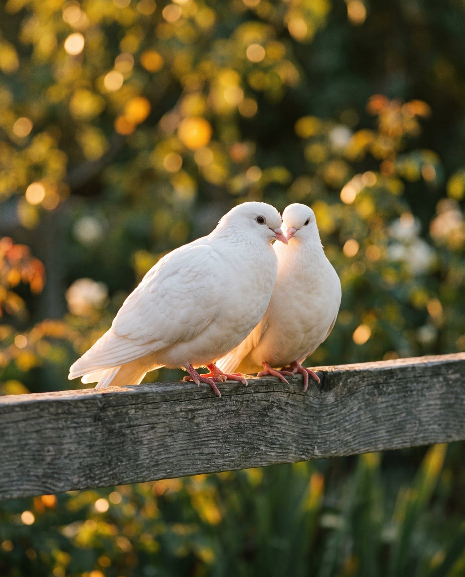 Two white doves perched together in warm afternoon sunlight