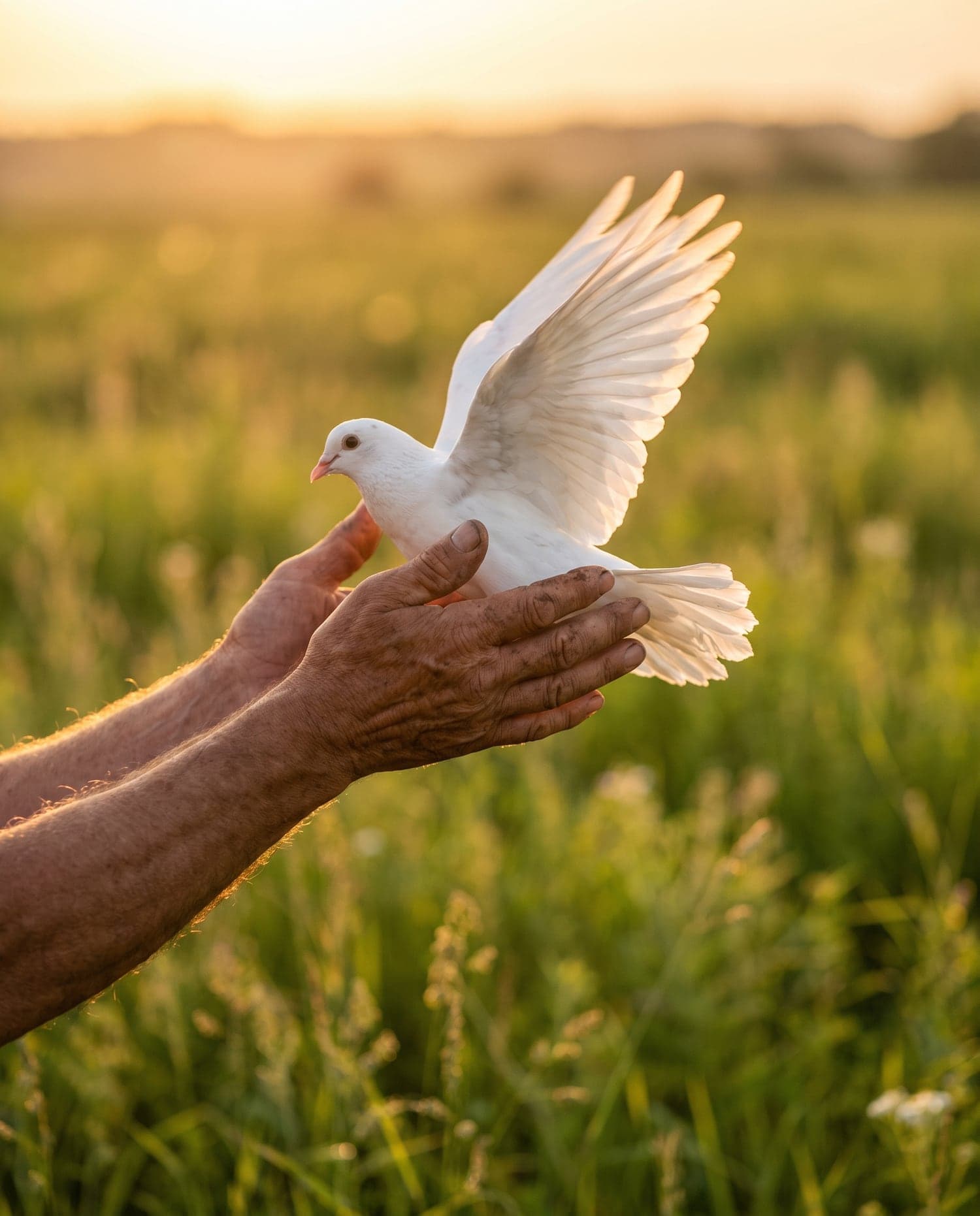 A pair of weathered hands releasing a white dove at golden hour